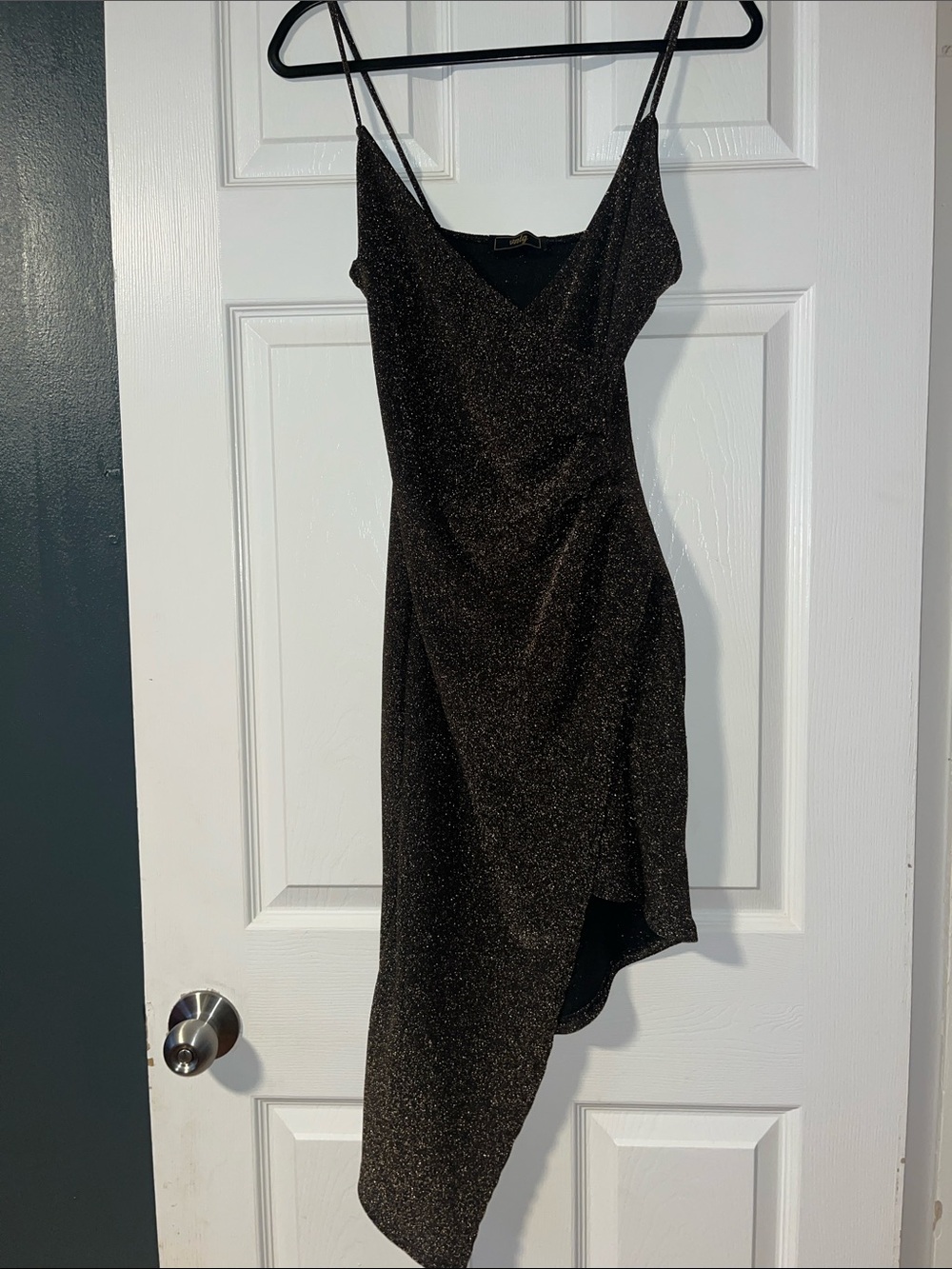 Black Sparkle Asymmetrical Slip Dress with Spaghetti Straps